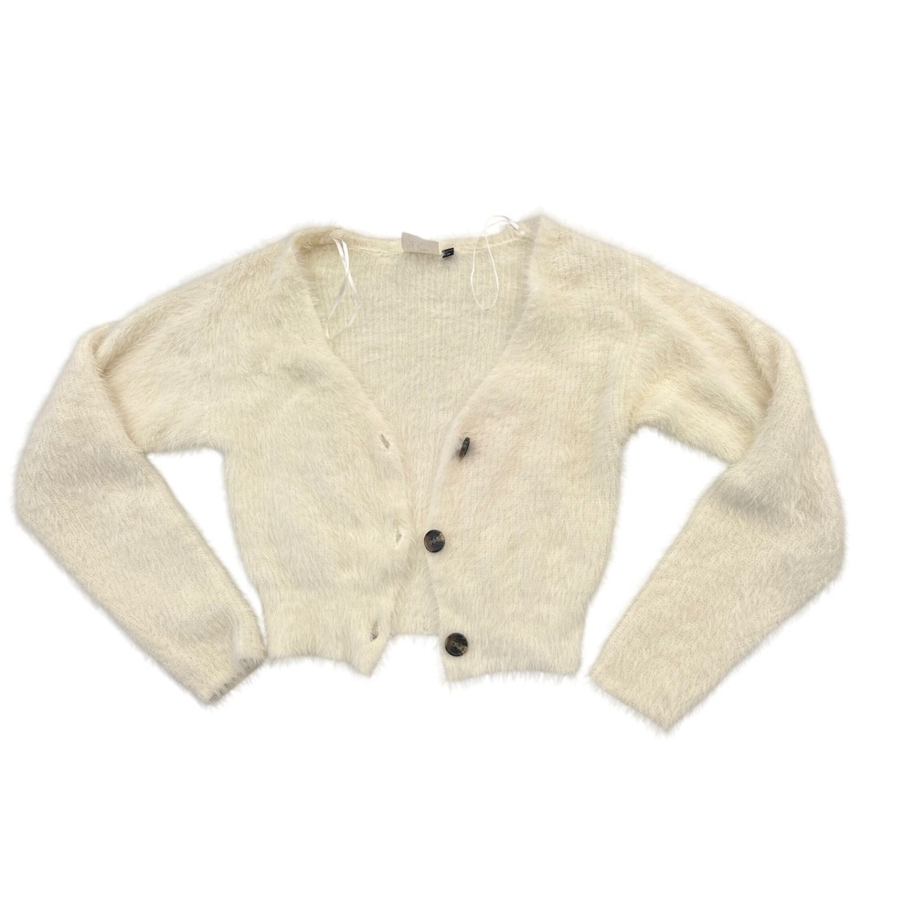 Happy Place Cream Fuzzy Eyelash Knit Cropped Cardigan Sweater Y2K Soft Girl S